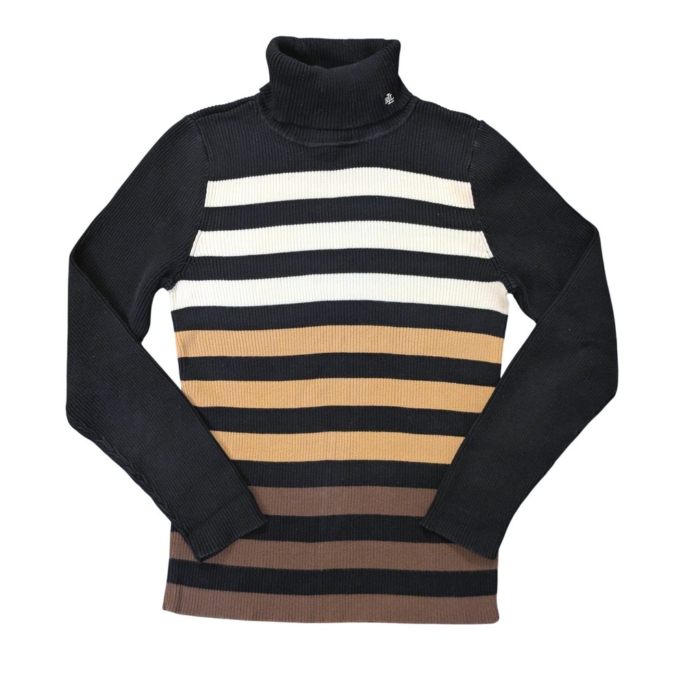 Lauren Ralph Lauren Ribbed Turtleneck Sweater PL Stripe Black Brown LRL Logo Y2K